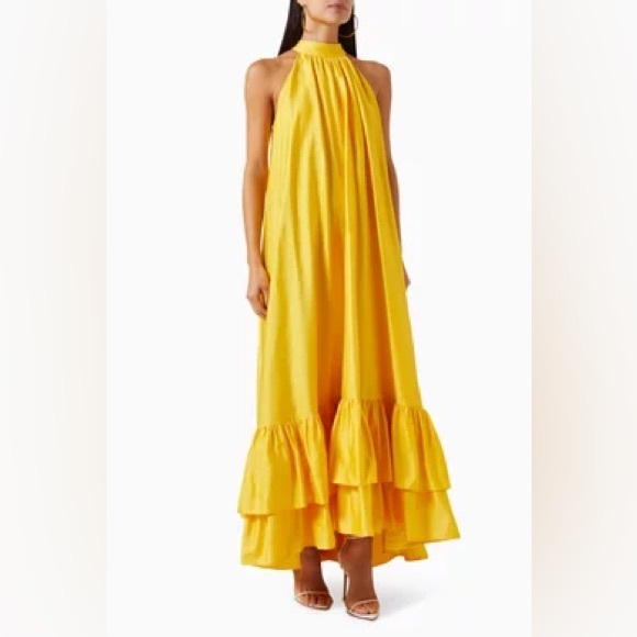 Alice + Olivia Jovie Yellow Halter Ruffle Maxi Dress Size Small - Picture 3 of 14